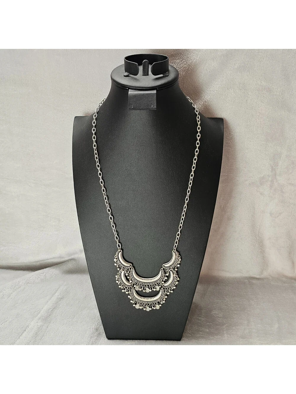 Premier Designs Flamenco Necklace Silver Tone Tiered Crescent Bib Boho Statement